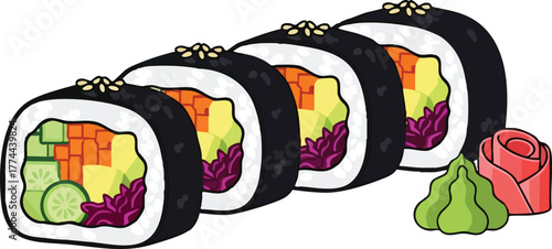 Delicious and vibrant vegetarian sushi rolls with sesame seeds, served with wasabi and pickled ginger.