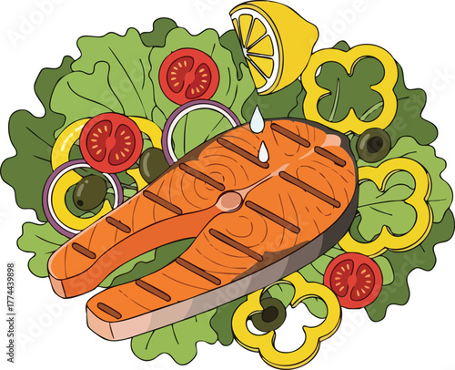 Grilled salmon steak served on a bed of fresh lettuce with tomatoes, peppers, olives, and a lemon wedge.