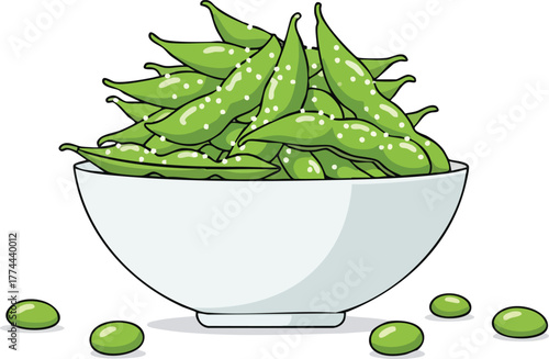 A vector illustration of a white bowl filled with steamed green edamame pods, sprinkled with coarse salt.