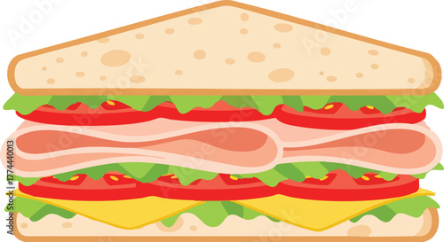 A delicious triple-decker sandwich with layers of ham, cheese, lettuce, and tomato on toasted bread.