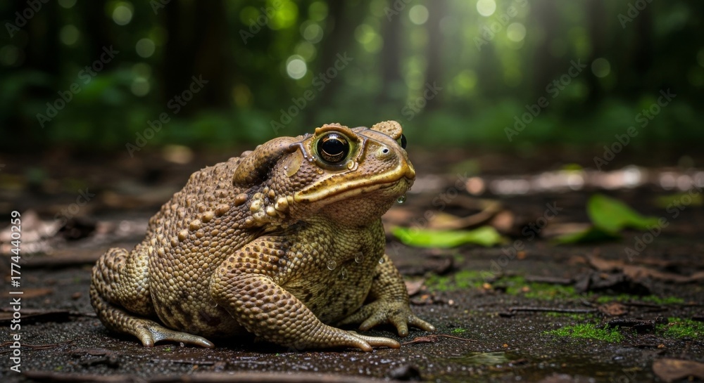 Obraz premium A close-up view of a large toad resting on a forest floor, observing the surroundings.