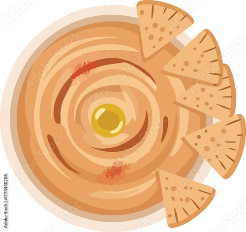 Hummus in a bowl with pita chips, top-down view, vector illustration.