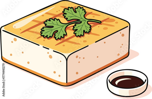 A grilled block of tofu garnished with fresh cilantro and served with a small dish of soy sauce.