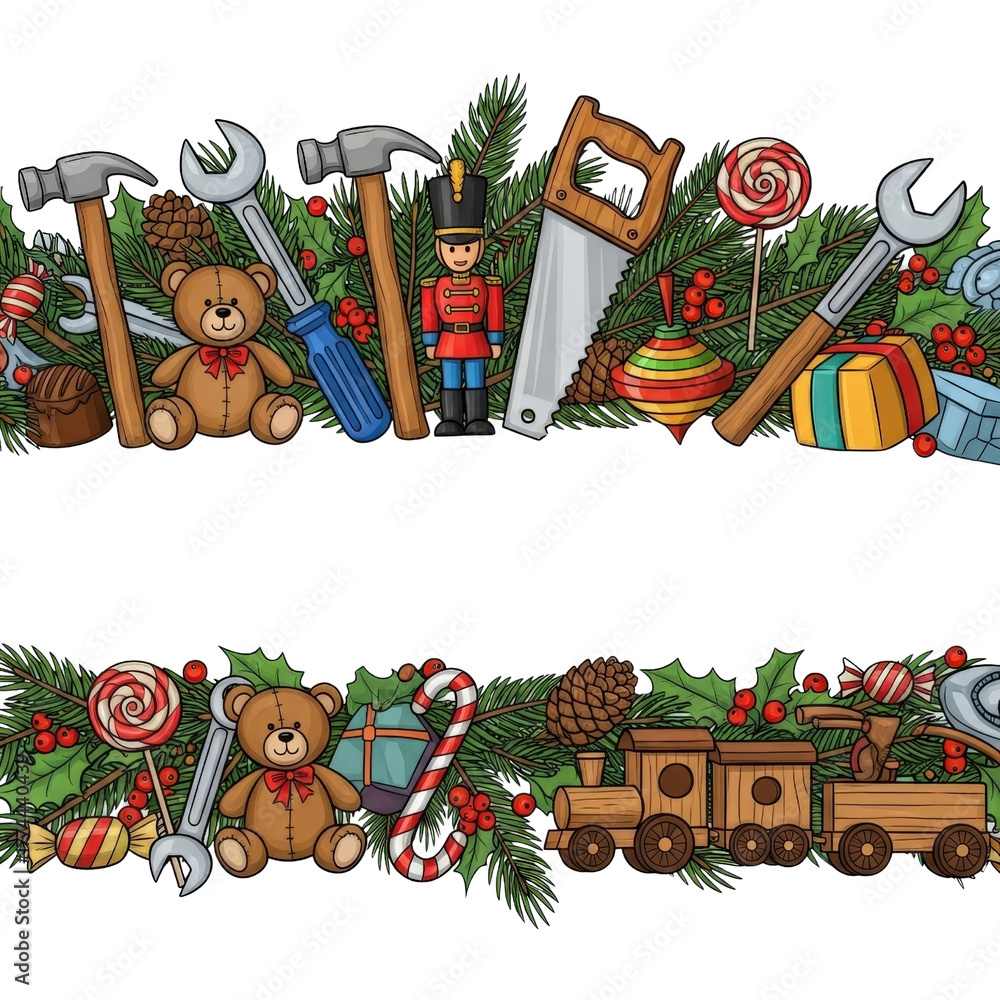 Christmas toys tools vector illustration border festive holiday season seamless pattern design 100 on transparent background