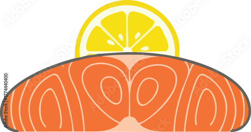 A simple vector illustration of a raw salmon fillet with a bright yellow lemon slice.