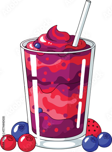 A tall glass filled with a layered berry smoothie, garnished with fresh berries.