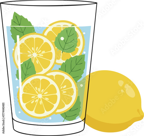A refreshing glass of water with bright yellow lemon slices and fresh green mint leaves, accompanied by a whole lemon on the side.