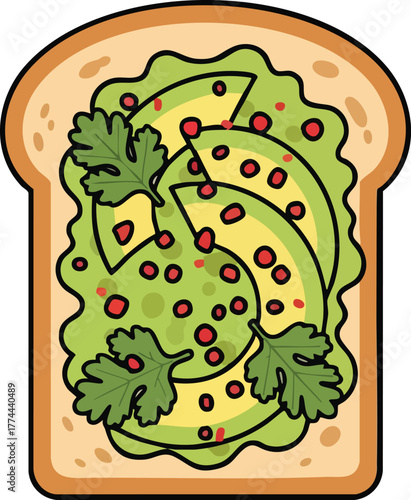 Close-up of avocado toast with cilantro and red pepper flakes on a slice of bread.