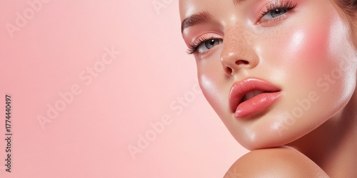 Radiant beauty with pink makeup and glossy skin close-up
