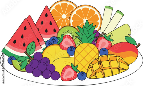 A vibrant and colorful illustration of a fresh fruit platter filled with assorted sliced fruits like watermelon, oranges, and berries.