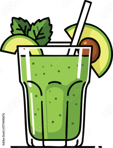 Vibrant green avocado smoothie with mint and lime garnish in a clear glass with a straw, healthy beverage illustration.