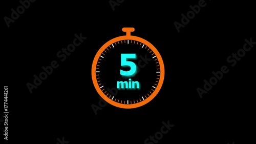 Animation video timer icon with 5 min. timer 5 minutes countdown icon. motion graphic arrow Clock 5 minute icon, white background 4k video animation.