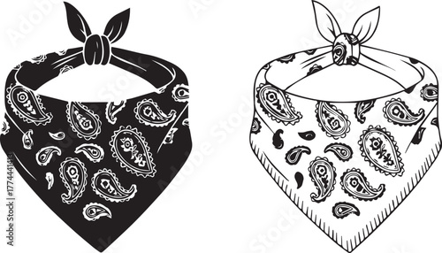 Black and White Paisley Bandana Graphic Set Isolated on White Background Vector