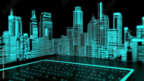 City Architecture Rendering Illustration digital show display future cyberspace science fiction technology computer interface.