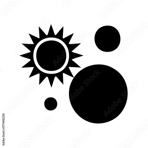 Black and white illustration of sun with three planets in solar system