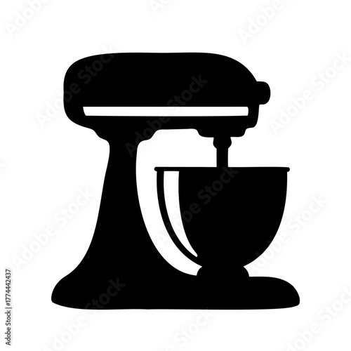 A minimalist illustration of a stand mixer on a white background