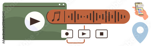 Media player with play, pause, and stop buttons, sound wave graphic, mobile phone in hand, and location marker. Ideal for streaming, sound design, tech apps user interface video editing content