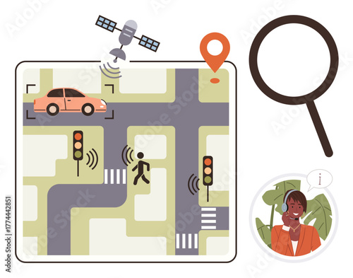 Autonomous car on a GPS map, pedestrian crossing, traffic signals, magnifying glass, and customer service. Ideal for smart technology, urban mobility, safety, GPS tracking AI IoT transportation