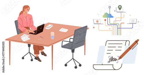 Woman using laptop at desk, document with signature and pen, cloud with data connections. Ideal for business, technology, remote work, contracts, networking productivity career growth. Simple flat