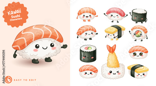 Cute Japanese food characters. Sushi, ramen, tempura kawaii characters. hand-drawn watercolor illustration isolated on white background