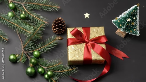 deep black festive background with intricate patterns adorned with a shimmering gold present container tied with a crimson