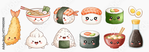 Cute Japanese food characters. Sushi, ramen, tempura, and soy sauce kawaii characters. hand-drawn watercolor illustration isolated on white background