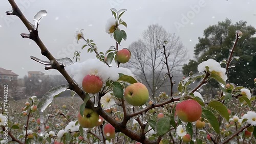 fruit tree flowers covered in frozen crystalline precipitation and hanging ice formations due to unseasonably low