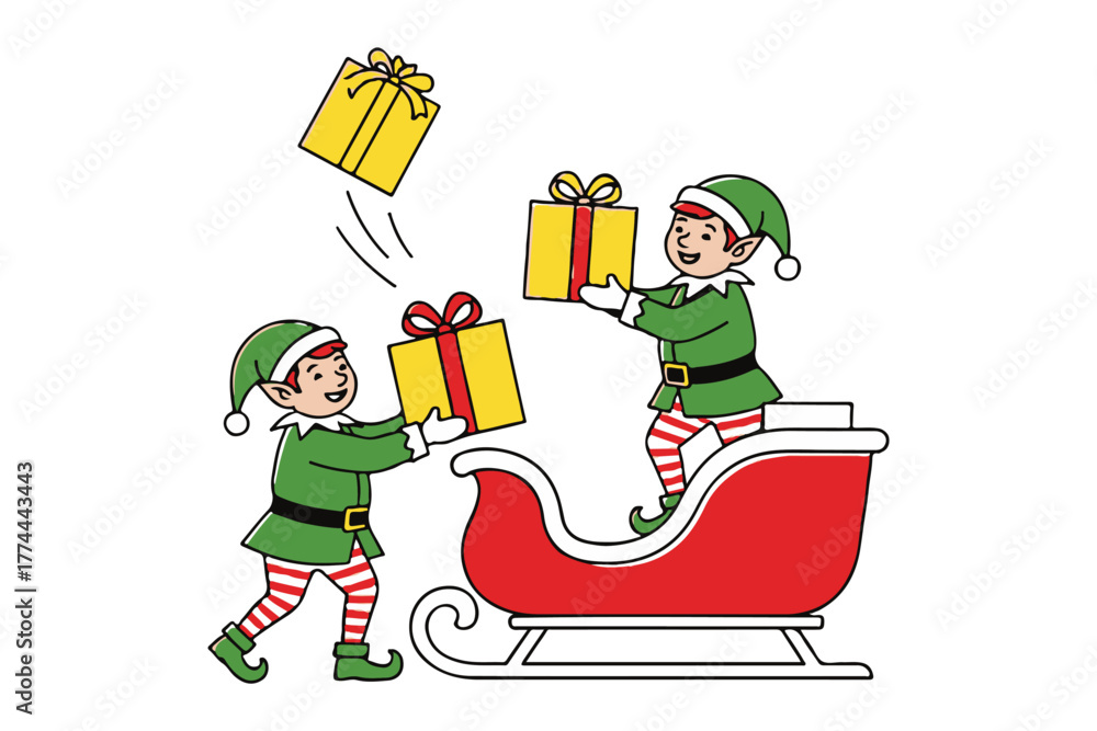 Obraz premium Christmas Elves Loading Sleigh – Festive Gift Scene with Holiday Characters