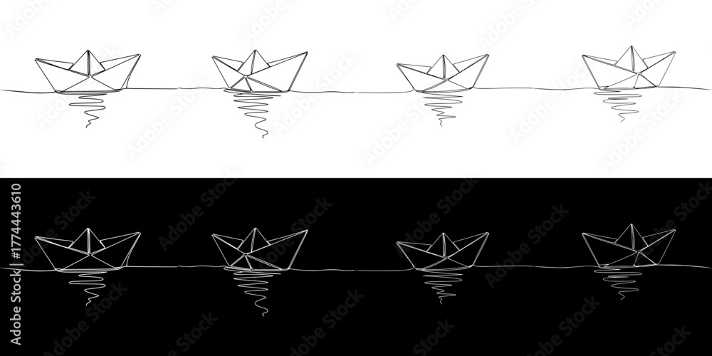 Fototapeta premium Paper boats floating on calm water, image set, seamless border, mental health, calmness, and serenity, isolated vector image in line art style, on transparent and black backgrounds