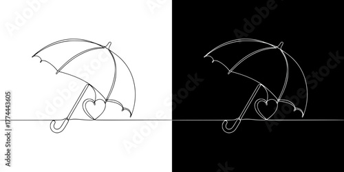Open umbrella sheltering a small heart, mental health, protecting feelings and relationships, isolated vector image in line art style, on transparent and black backgrounds
