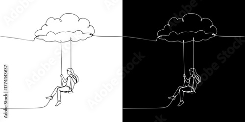 Person sitting on a swing hanging from a cloud concept of mental health, relaxation, harmony, isolated vector image in line art style, on transparent and black backgrounds
  