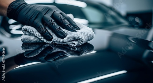 Close up of a gloved hand carefully polishing a dark car surface with a soft microfiber cloth showcasing meticulous automotive detailing and shine
