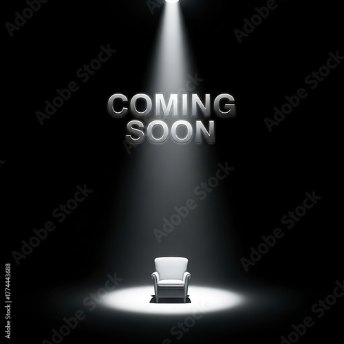 A single ornate chair bathed in a bright spotlight on a dark stage with the words coming soon illuminated above