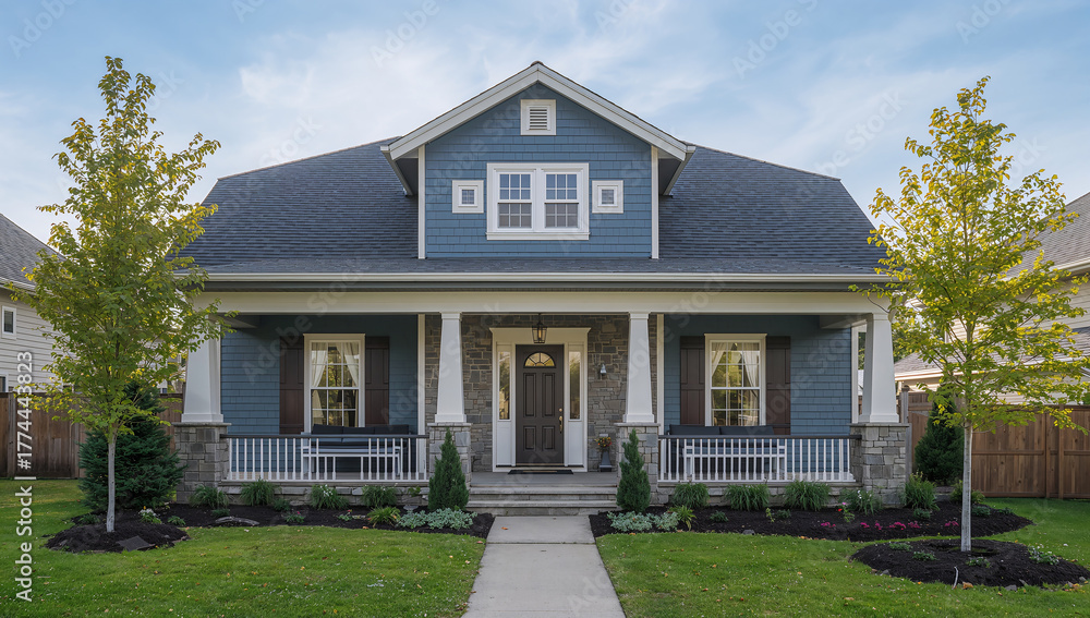 Obraz premium Beautiful blue house with a welcoming front porch and manicured lawn