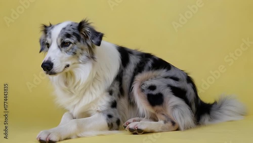 herding dog breed known for its intelligence appearing timid or reserved positioned in front of a solid bright yellow