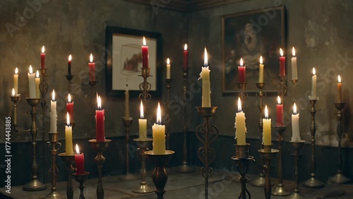 sources of open flame illumination provided by wax candles placed on a metallic holder in a dimly lit interior