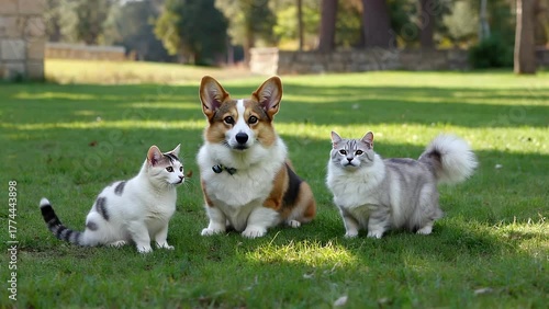Playful Corgi Canine and Two Gorgeous Felines Relaxing on a Sun-Drenched Grassy Meadow During the Warm Summer
