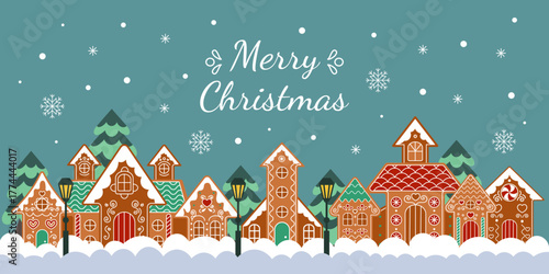 Gingerbread house. Town in winter landscape. Christmas card design, holiday lettering. Snowy sky panorama, cute decoration, seasonal celebration. Vector tidy cartoon flat style isolated illustration