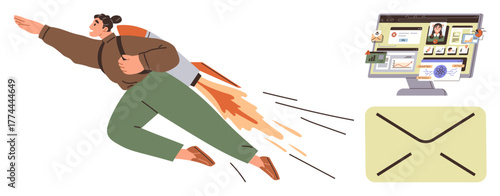 Person wearing a jetpack flies toward a large envelope, with a computer displaying digital communication tools. Ideal for teamwork, efficiency, email marketing, innovation, technology, connection