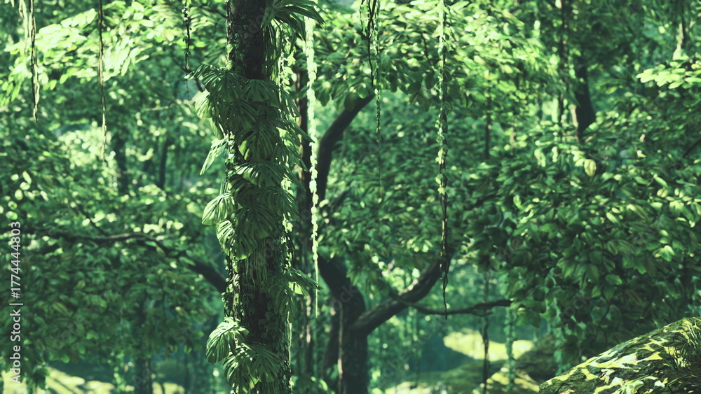 Fototapeta premium A dense forest filled with rich green foliage creates a peaceful environment. Sunlight filters through the leaves, illuminating the natural beauty and inviting exploration among the trees.