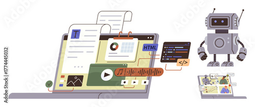 Laptop surrounded by documents, videos, and charts, with a robot monitoring HTML and programming code. Ideal for AI, programming, web development, automation, blogging education and technology