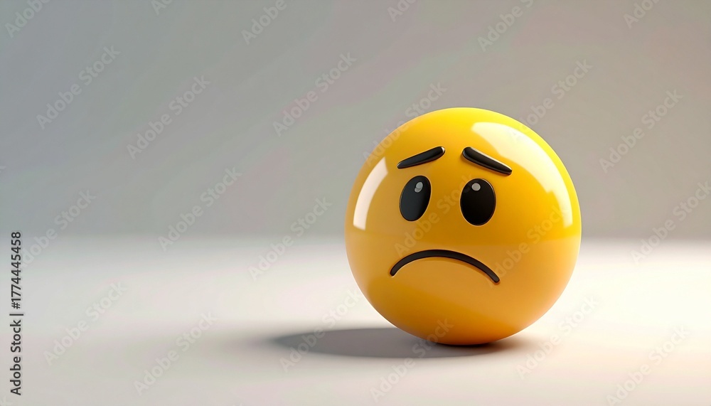 Fototapeta premium 3D-rendered yellow emoji face with sad expression, glossy eyes and downturned mouth on softly lit neutral background.