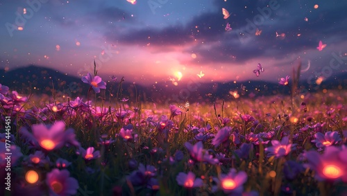 Dreamy meadow with vibrant purple flowers and butterflies at sunset, creating a magical, ethereal atmosphere for fantasy projects or inspiring designs