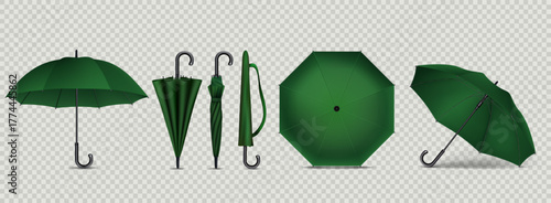 Umbrella rain 3D. Open parasol realistic isolated mockup. Autumn liquid protection, spring icon. Symbol for water weather. Accessory for rainy season. Fall symbol. Vector illustration canopies set