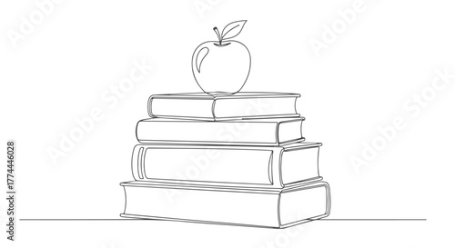 One continuous line drawing featuring a prominent stack of books topped with an apple, symbolizing education, knowledge, and academic pursuits in a minimalist graphic style