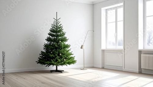 Undecorated artificial Christmas tree in minimalist room with light wood flooring and arched window, soft natural light and serene holiday anticipation.