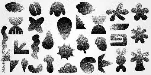 Gradient shape. Noisy texture. Geometric floral forms. Modern abstract elements. Decorative doodle figures. Design grunge symbol. Trendy rough pattern. Grainy surface. Vector graphic flat icons set