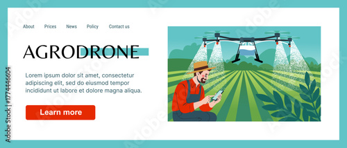 Agriculture farm. Smart farming landing page. Agricultural drone for plantation. Innovation technology. Website design template. Agrodrone sprays fertilizers. Farmer controls robot. Vector background
