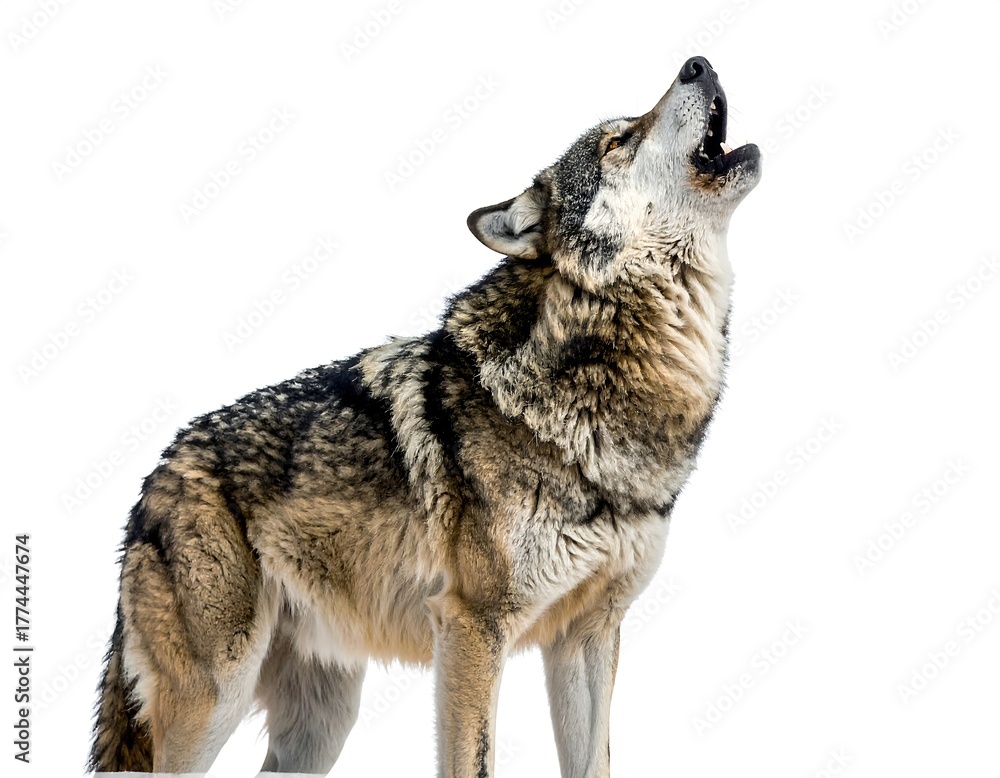 Fototapeta premium Wolf howling into the sky against a white background
