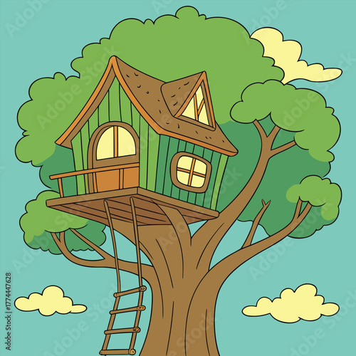 A charming cartoon illustration of a whimsical treehouse nestled within a large, leafy tree, accessible by a ladder.